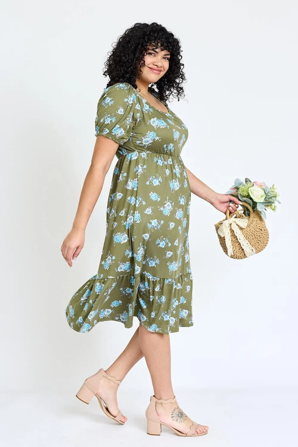 Eloges Women's Square Neck Puff Sleeve Floral Midi Dress