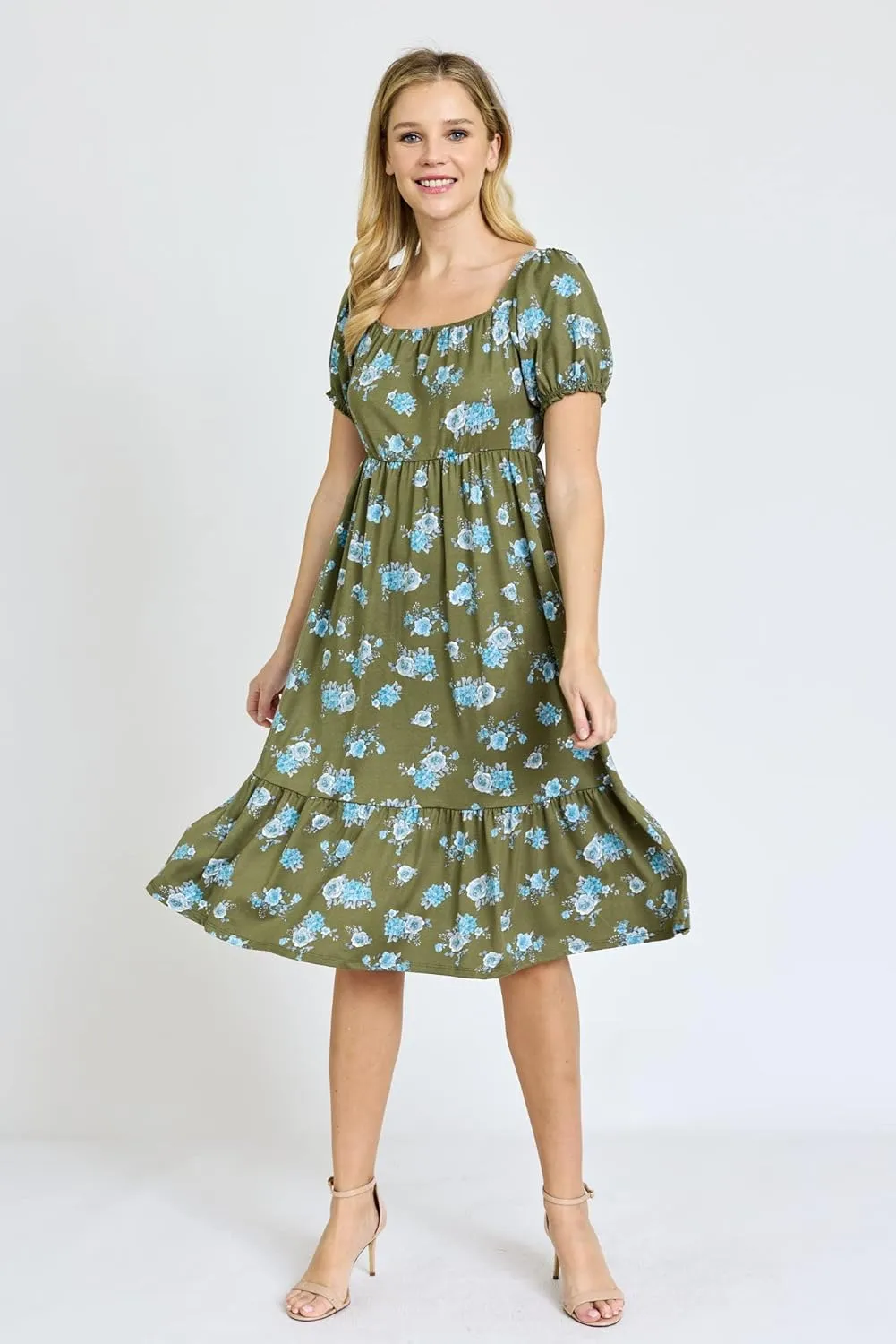 Eloges Women's Square Neck Puff Sleeve Floral Midi Dress