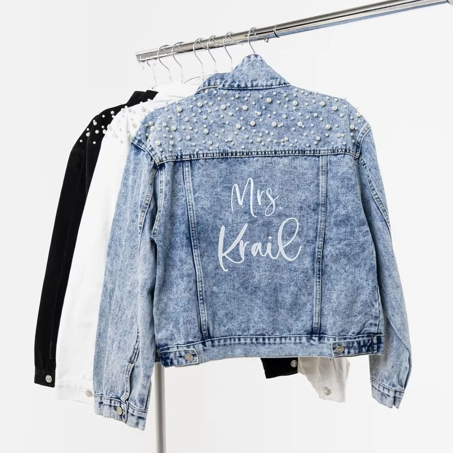 Embroidered Bride Denim Jacket, Bride Jean Jacket, Future Mrs Jacket, Custom Personalized Pearl Denim Jacket, Wedding Jean Jacket, Wedding Gift, Bachelorette Party Anniversary (S, Blue)