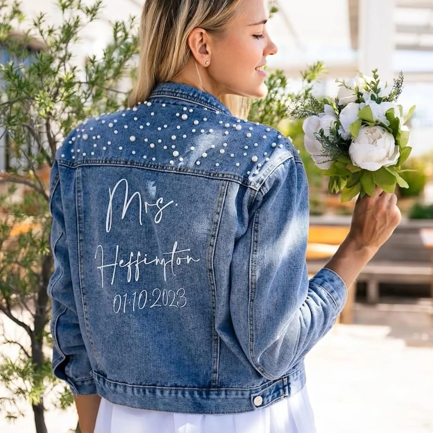 Embroidered Bride Denim Jacket, Bride Jean Jacket, Future Mrs Jacket, Custom Personalized Pearl Denim Jacket, Wedding Jean Jacket, Wedding Gift, Bachelorette Party Anniversary (S, Blue)