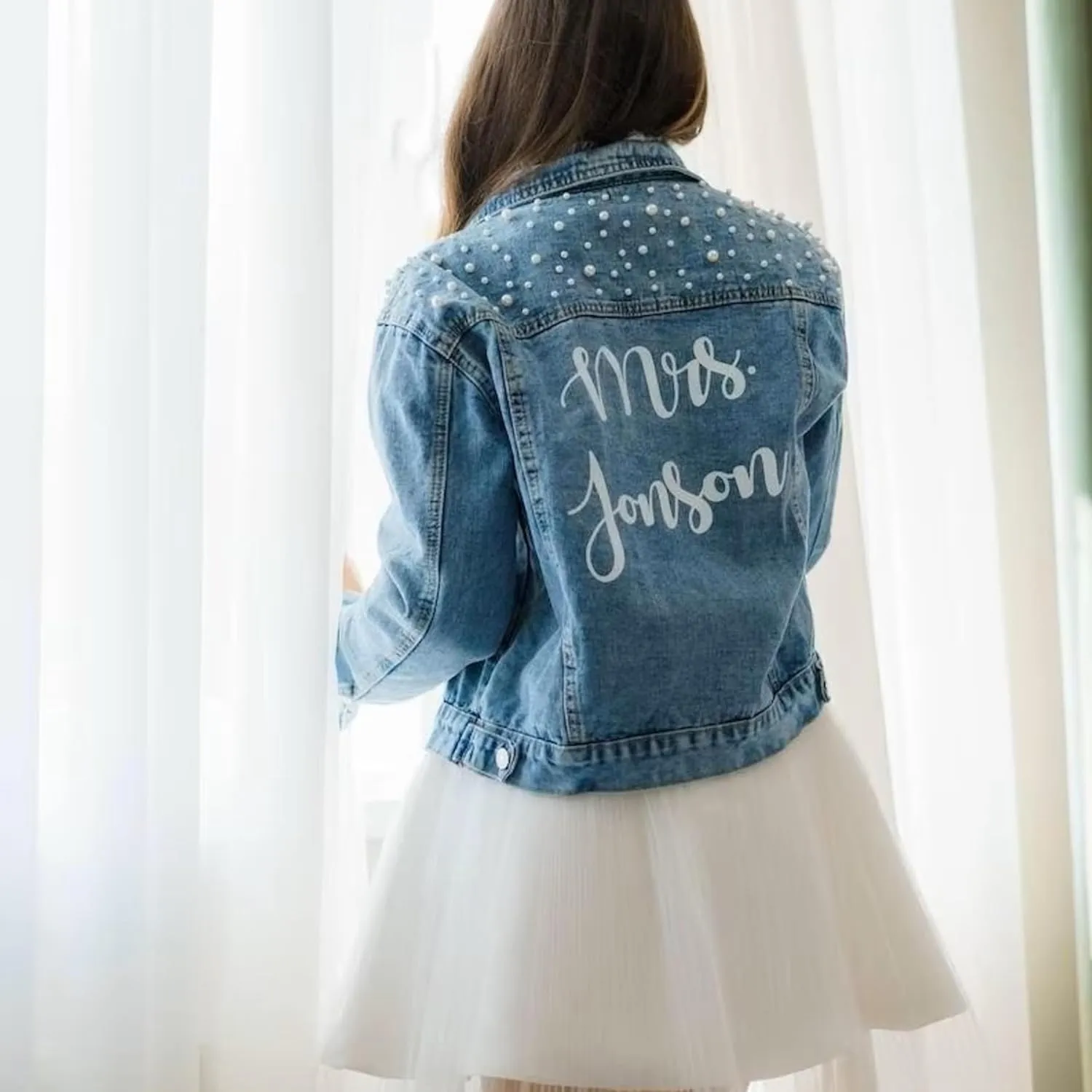 Embroidered Bride Denim Jacket, Bride Jean Jacket, Future Mrs Jacket, Custom Personalized Pearl Denim Jacket, Wedding Jean Jacket, Wedding Gift, Bachelorette Party Anniversary (S, Blue)
