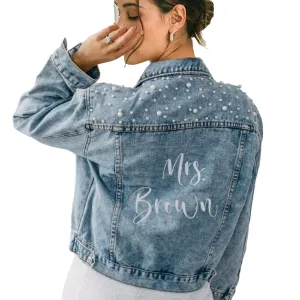 Embroidered Bride Denim Jacket, Bride Jean Jacket, Future Mrs Jacket, Custom Personalized Pearl Denim Jacket, Wedding Jean Jacket, Wedding Gift, Bachelorette Party Anniversary (S, Blue)