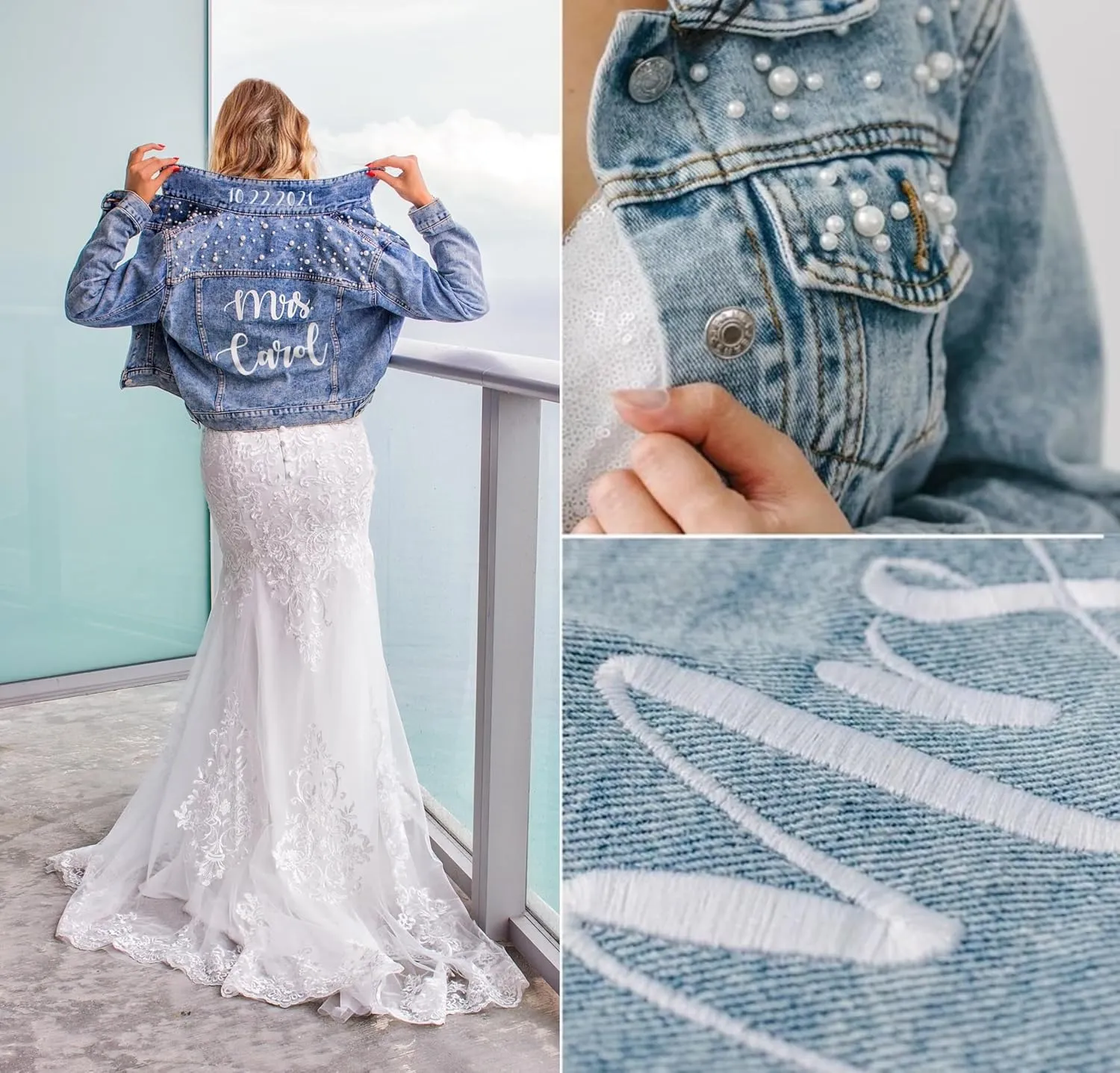 Embroidered Bride Denim Jacket, Bride Jean Jacket, Future Mrs Jacket, Custom Personalized Pearl Denim Jacket, Wedding Jean Jacket, Wedding Gift, Bachelorette Party Anniversary (S, Blue)