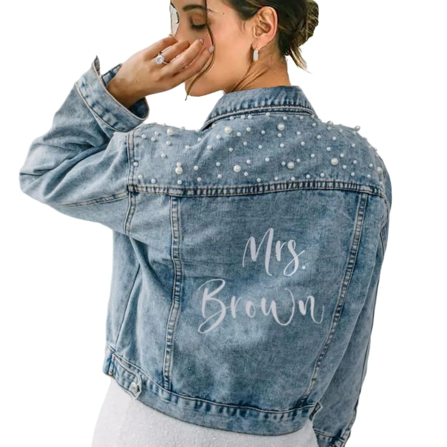 Embroidered Bride Denim Jacket, Bride Jean Jacket, Future Mrs Jacket, Custom Personalized Pearl Denim Jacket, Wedding Jean Jacket, Wedding Gift, Bachelorette Party Anniversary (S, Blue)