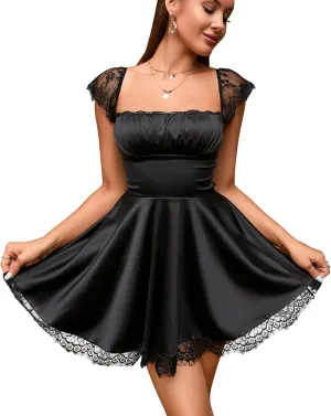 EYNMIN Women's Satin Lace Strap Mini Dress Square Neck Flowy A-Line Ruffle Swing Casual Short Dresses
