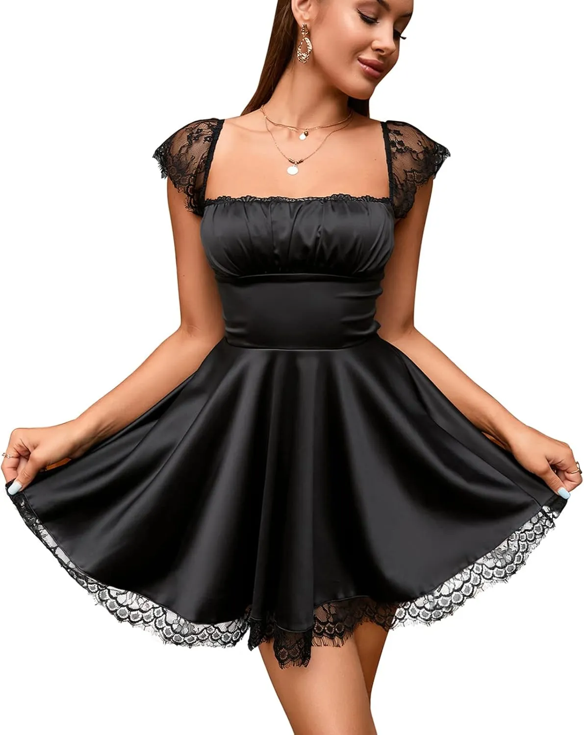 EYNMIN Women's Satin Lace Strap Mini Dress Square Neck Flowy A-Line Ruffle Swing Casual Short Dresses