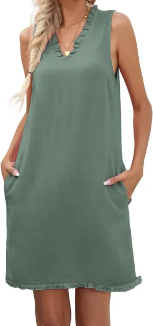 Famulily Women Cute Sleeveless Ruffled Deep V Neck Dresses Cotton Linen Dress for Summer Casual Shift Dress with Pockets