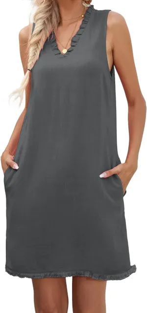 Famulily Women Cute Sleeveless Ruffled Deep V Neck Dresses Cotton Linen Dress for Summer Casual Shift Dress with Pockets