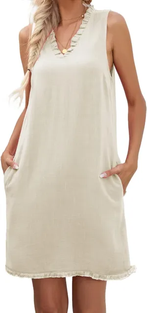 Famulily Women Cute Sleeveless Ruffled Deep V Neck Dresses Cotton Linen Dress for Summer Casual Shift Dress with Pockets