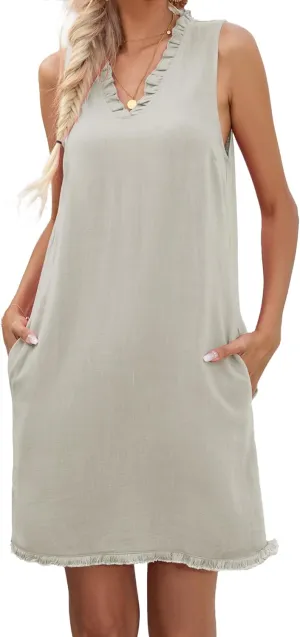 Famulily Women Cute Sleeveless Ruffled Deep V Neck Dresses Cotton Linen Dress for Summer Casual Shift Dress with Pockets