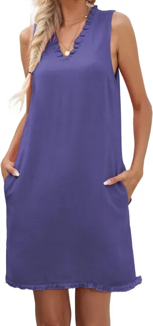 Famulily Women Cute Sleeveless Ruffled Deep V Neck Dresses Cotton Linen Dress for Summer Casual Shift Dress with Pockets