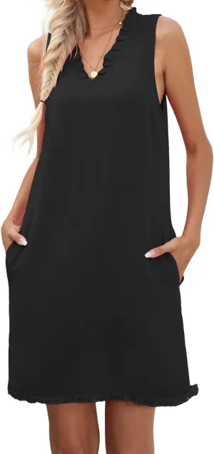 Famulily Women Cute Sleeveless Ruffled Deep V Neck Dresses Cotton Linen Dress for Summer Casual Shift Dress with Pockets