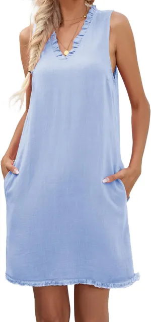 Famulily Women Cute Sleeveless Ruffled Deep V Neck Dresses Cotton Linen Dress for Summer Casual Shift Dress with Pockets