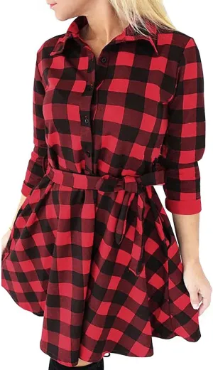 FANCYINN Women Long Sleeve Plaid Pattern Tunic Tops Shirt Casual Dress
