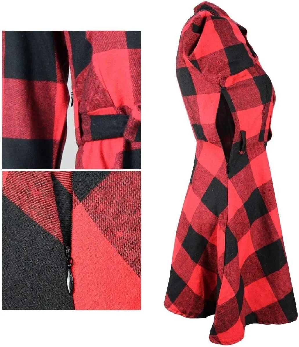 FANCYINN Women Long Sleeve Plaid Pattern Tunic Tops Shirt Casual Dress