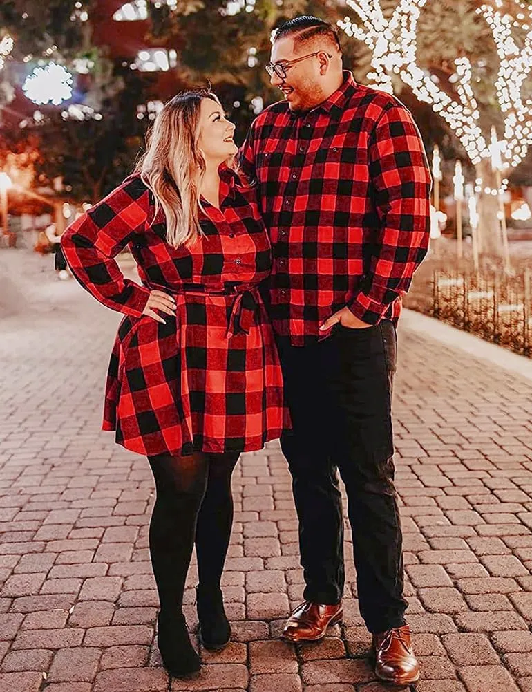 FANCYINN Women Long Sleeve Plaid Pattern Tunic Tops Shirt Casual Dress