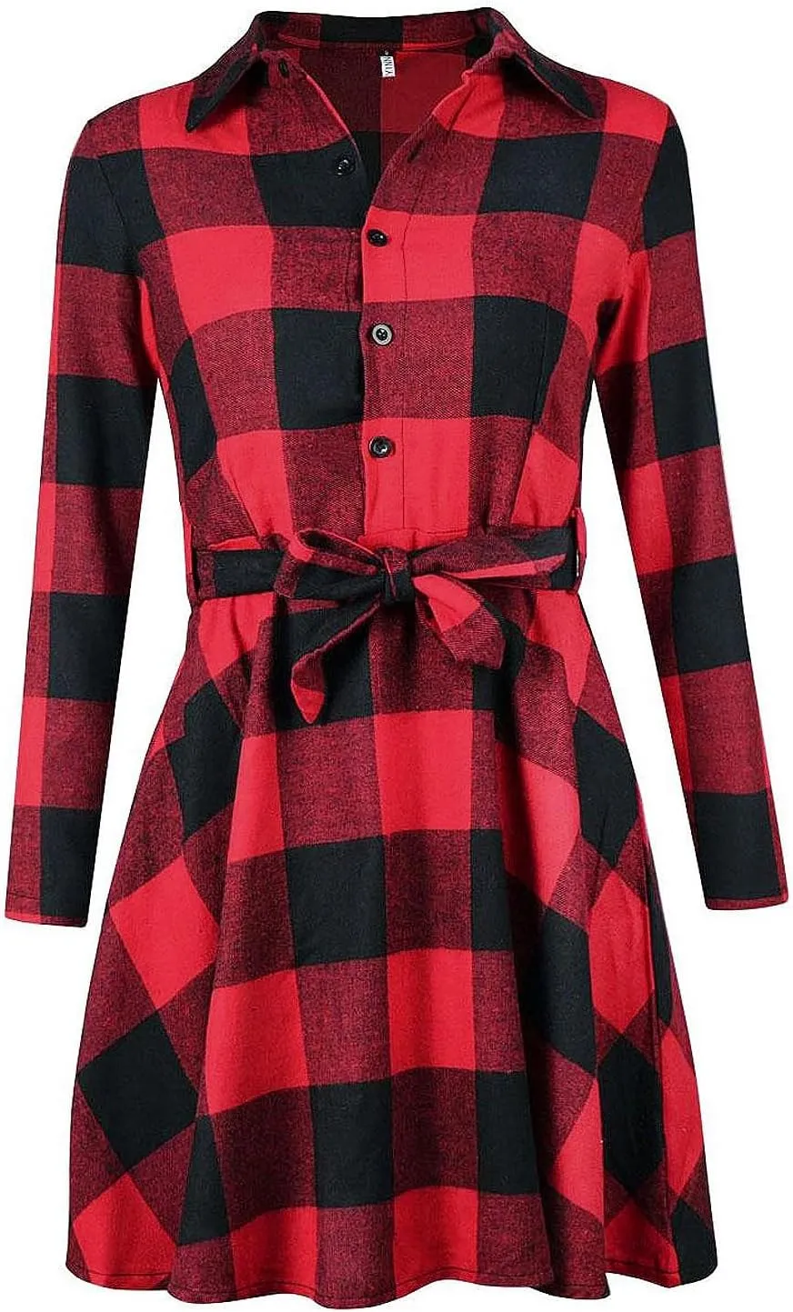 FANCYINN Women Long Sleeve Plaid Pattern Tunic Tops Shirt Casual Dress
