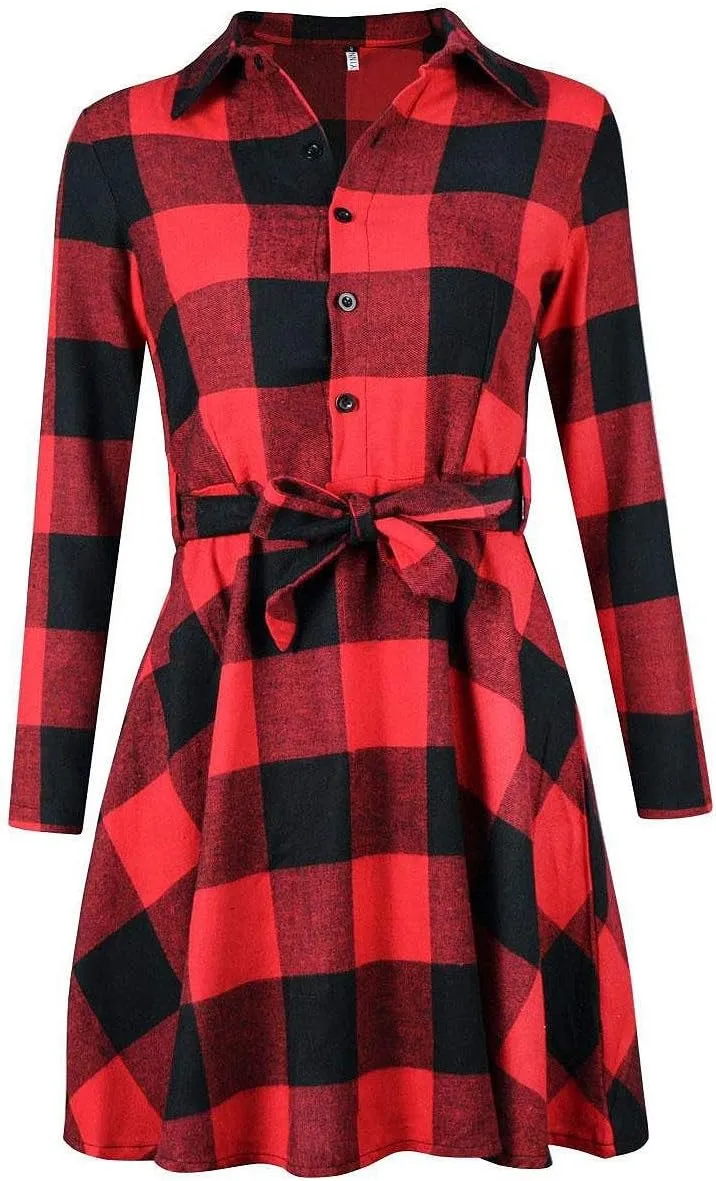FANCYINN Women Long Sleeve Plaid Pattern Tunic Tops Shirt Casual Dress