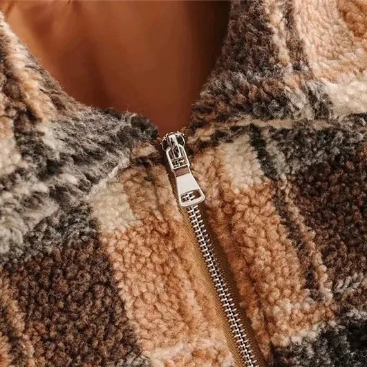 Fashion Women's Plaid Lamb Wool Jacket / Vintage Zipper Fleece Warm Jacket