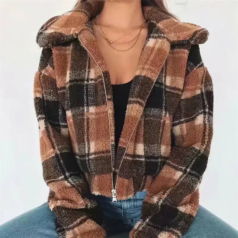 Fashion Women's Plaid Lamb Wool Jacket / Vintage Zipper Fleece Warm Jacket