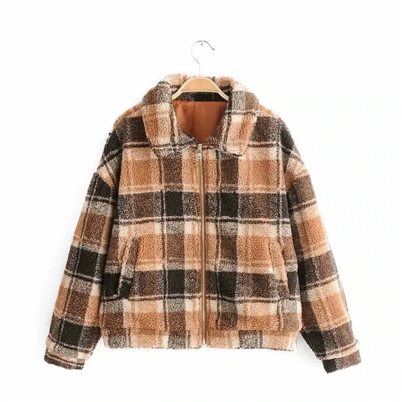 Fashion Women's Plaid Lamb Wool Jacket / Vintage Zipper Fleece Warm Jacket