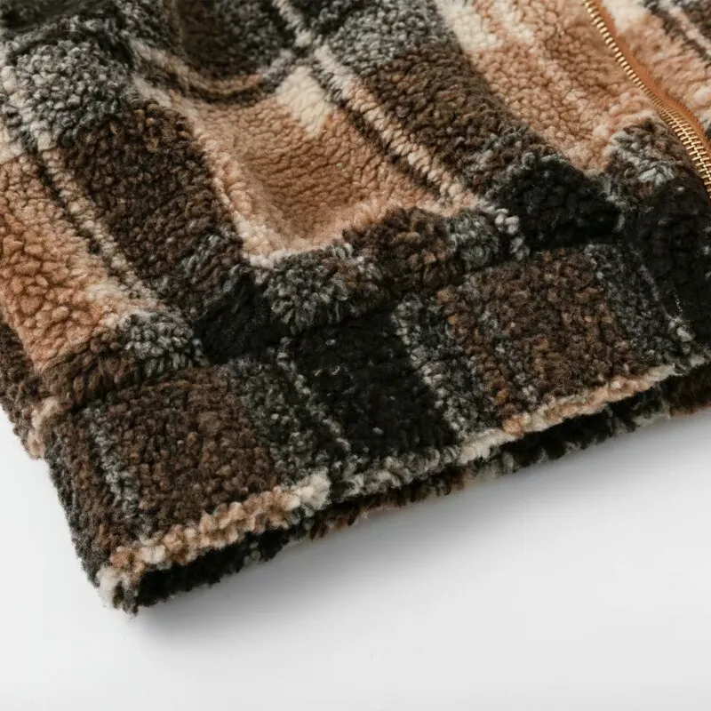 Fashion Women's Plaid Lamb Wool Jacket / Vintage Zipper Fleece Warm Jacket