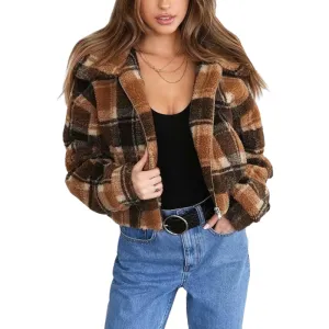 Fashion Women's Plaid Lamb Wool Jacket / Vintage Zipper Fleece Warm Jacket