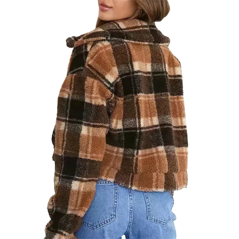 Fashion Women's Plaid Lamb Wool Jacket / Vintage Zipper Fleece Warm Jacket
