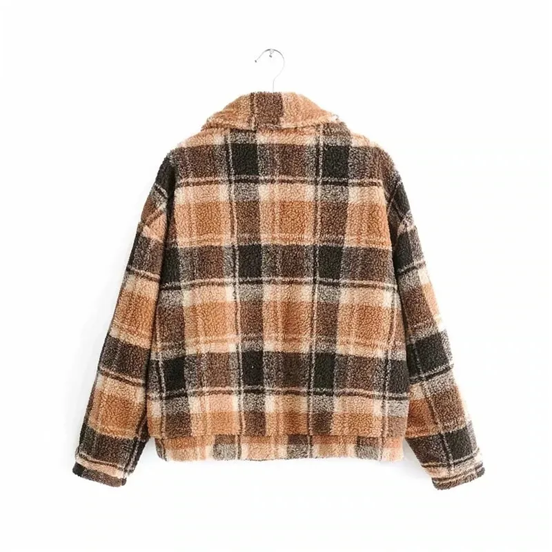 Fashion Women's Plaid Lamb Wool Jacket / Vintage Zipper Fleece Warm Jacket