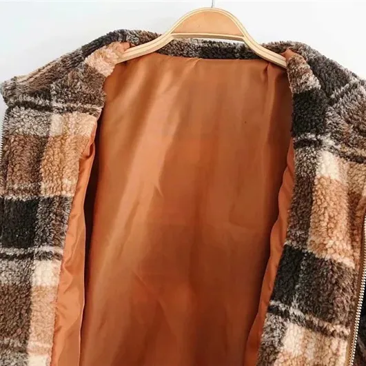 Fashion Women's Plaid Lamb Wool Jacket / Vintage Zipper Fleece Warm Jacket