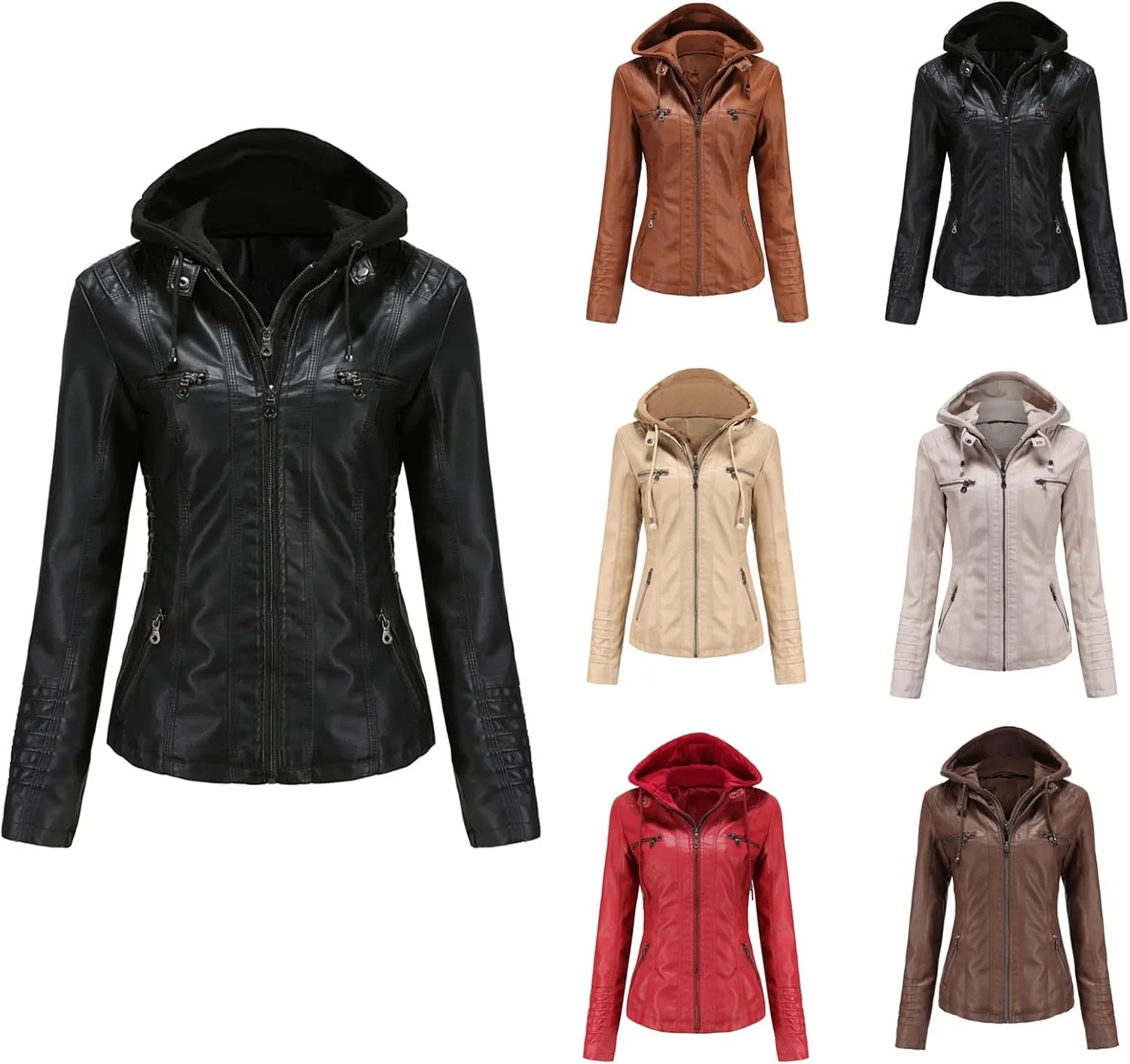 Faux Leather Jacket Women Motorcycle Coat for Biker with Removable Hood XS-4XL