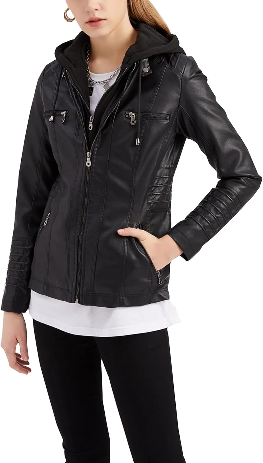 Faux Leather Jacket Women Motorcycle Coat for Biker with Removable Hood XS-4XL