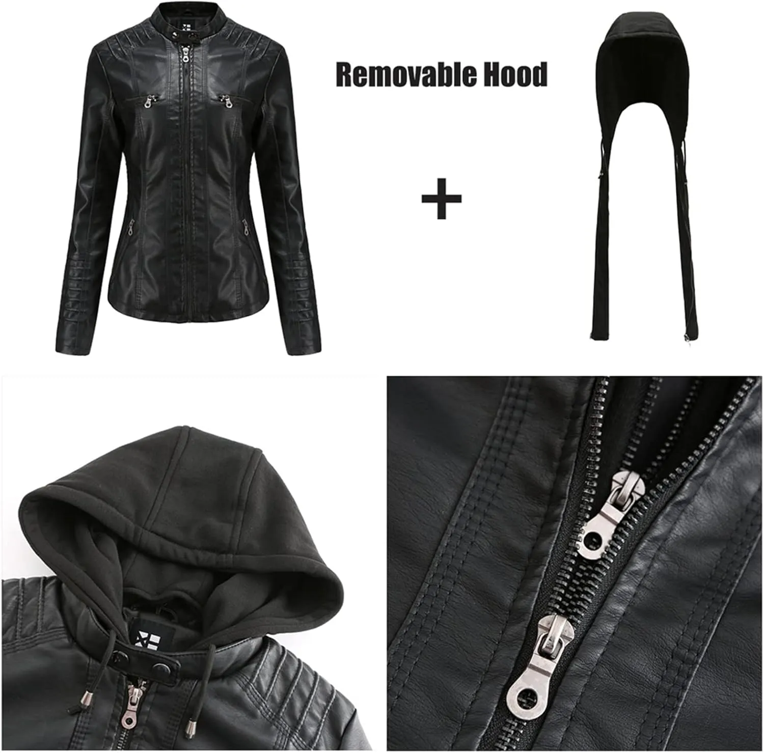 Faux Leather Jacket Women Motorcycle Coat for Biker with Removable Hood XS-4XL