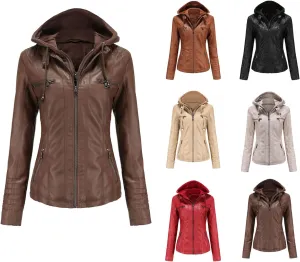 Faux Leather Jacket Women Motorcycle Coat for Biker with Removable Hood XS-4XL