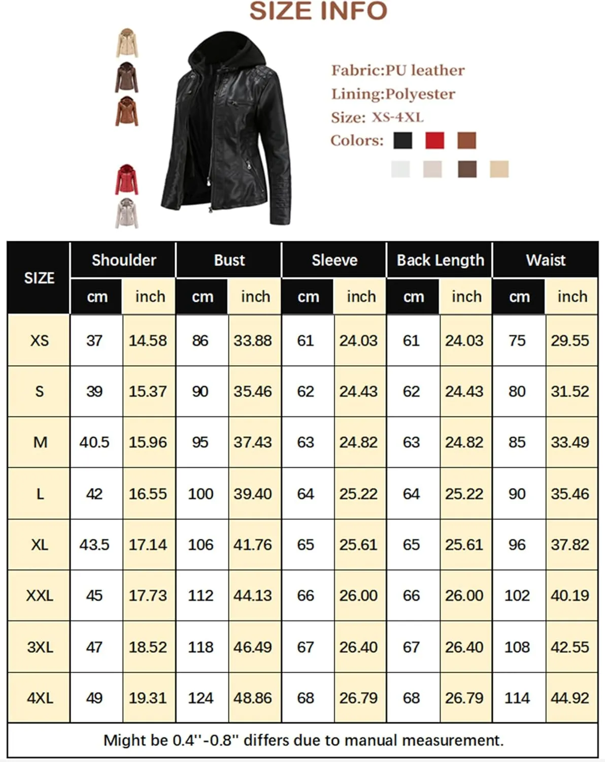 Faux Leather Jacket Women Motorcycle Coat for Biker with Removable Hood XS-4XL