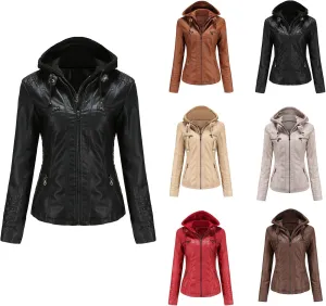 Faux Leather Jacket Women Motorcycle Coat for Biker with Removable Hood XS-4XL