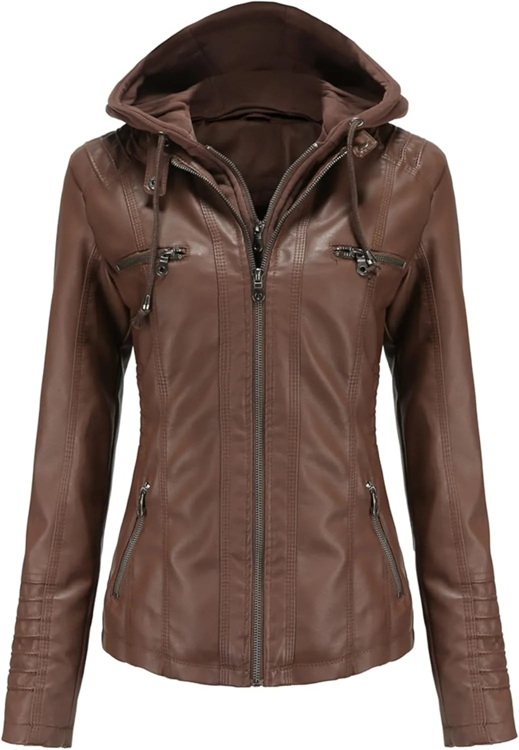 Faux Leather Jacket Women Motorcycle Coat for Biker with Removable Hood XS-4XL