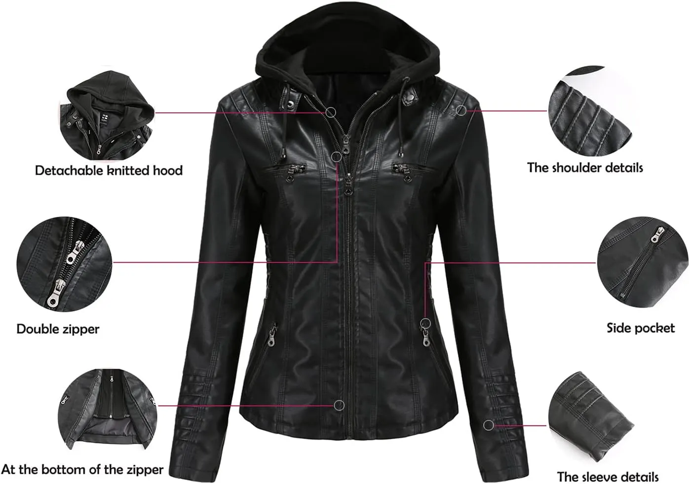 Faux Leather Jacket Women Motorcycle Coat for Biker with Removable Hood XS-4XL