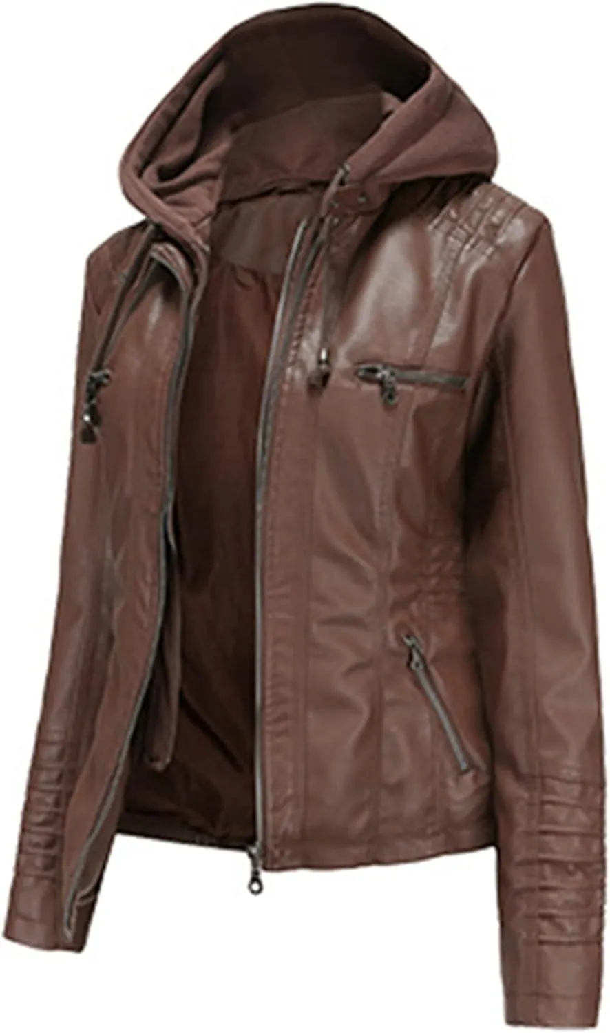 Faux Leather Jacket Women Motorcycle Coat for Biker with Removable Hood XS-4XL