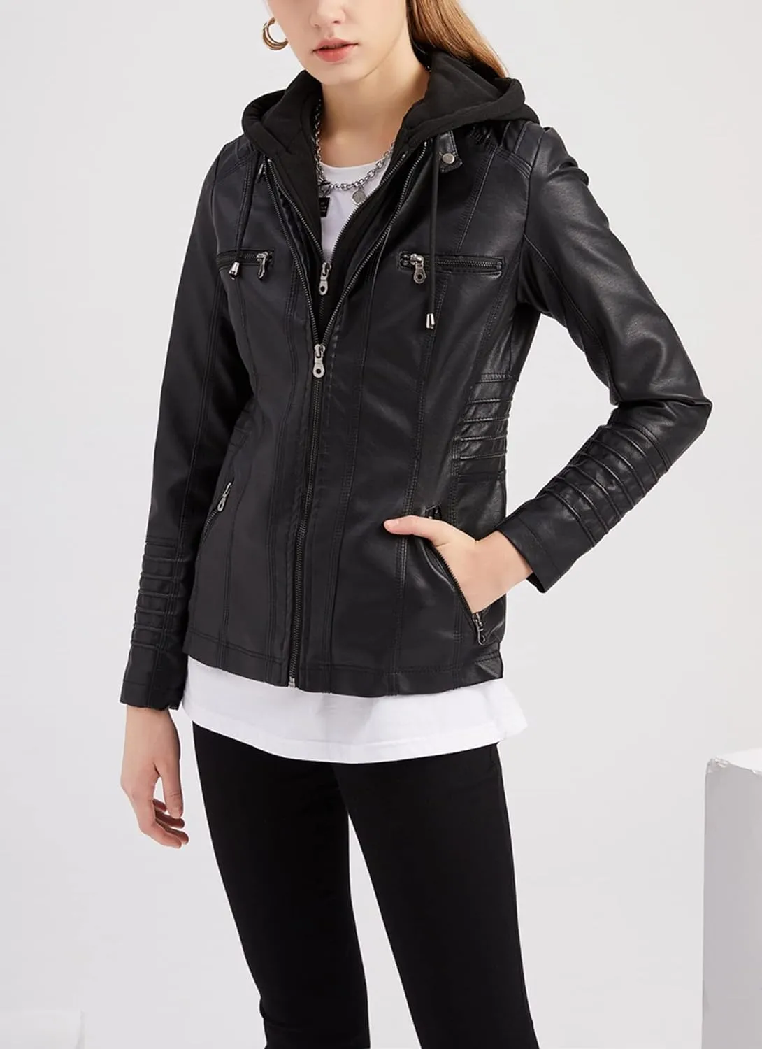 Faux Leather Jacket Women Motorcycle Coat for Biker with Removable Hood XS-4XL
