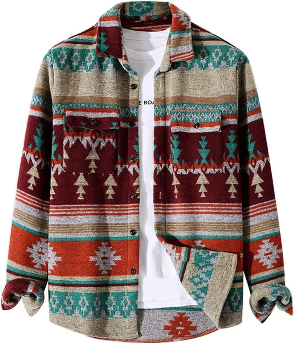 FindThy Mens Brushed Flannel Shirts Ethnic Aztec Print Button Up Lapel Tribal Shirt Jacket Shacket