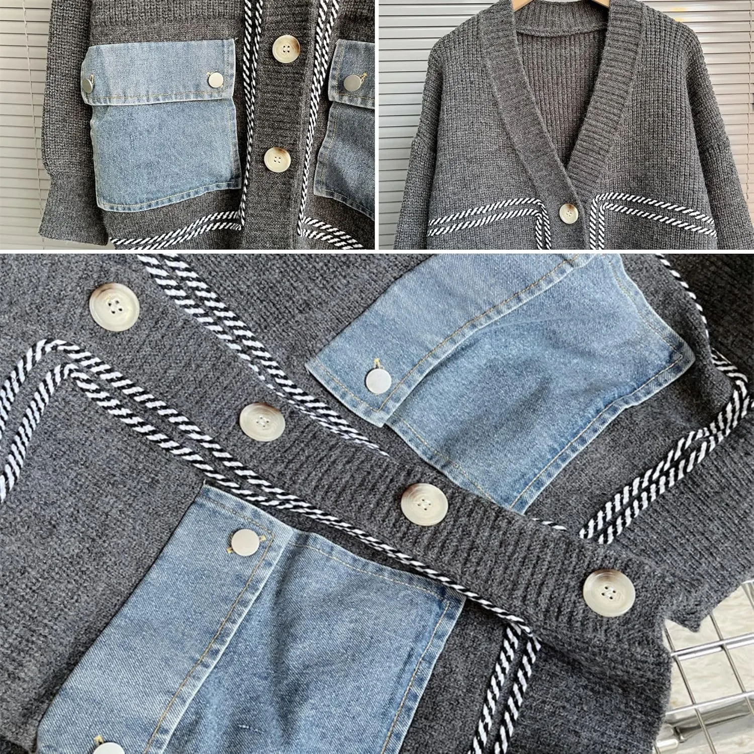 FindThy Womens Casual Button Up Cardigan Oversized Long Sleeve Jean Patchwork Sweater Cardigans