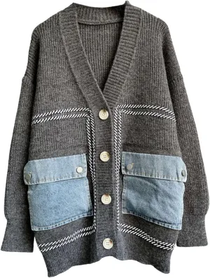FindThy Womens Casual Button Up Cardigan Oversized Long Sleeve Jean Patchwork Sweater Cardigans