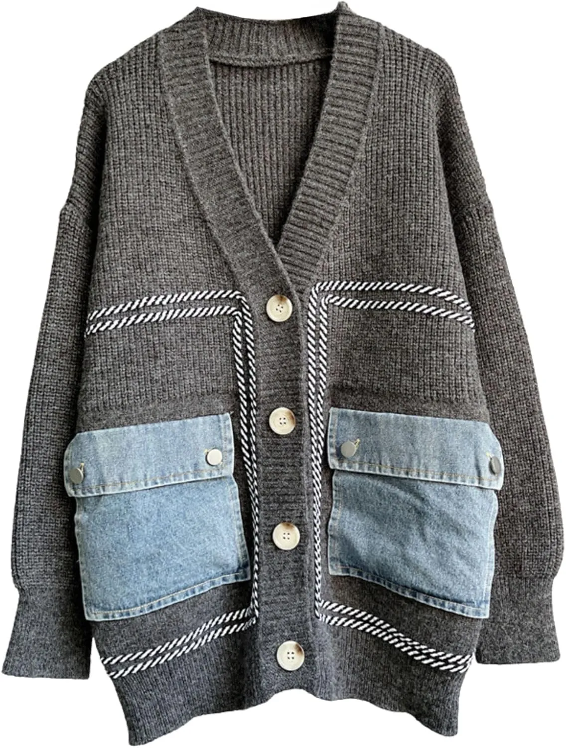 FindThy Womens Casual Button Up Cardigan Oversized Long Sleeve Jean Patchwork Sweater Cardigans