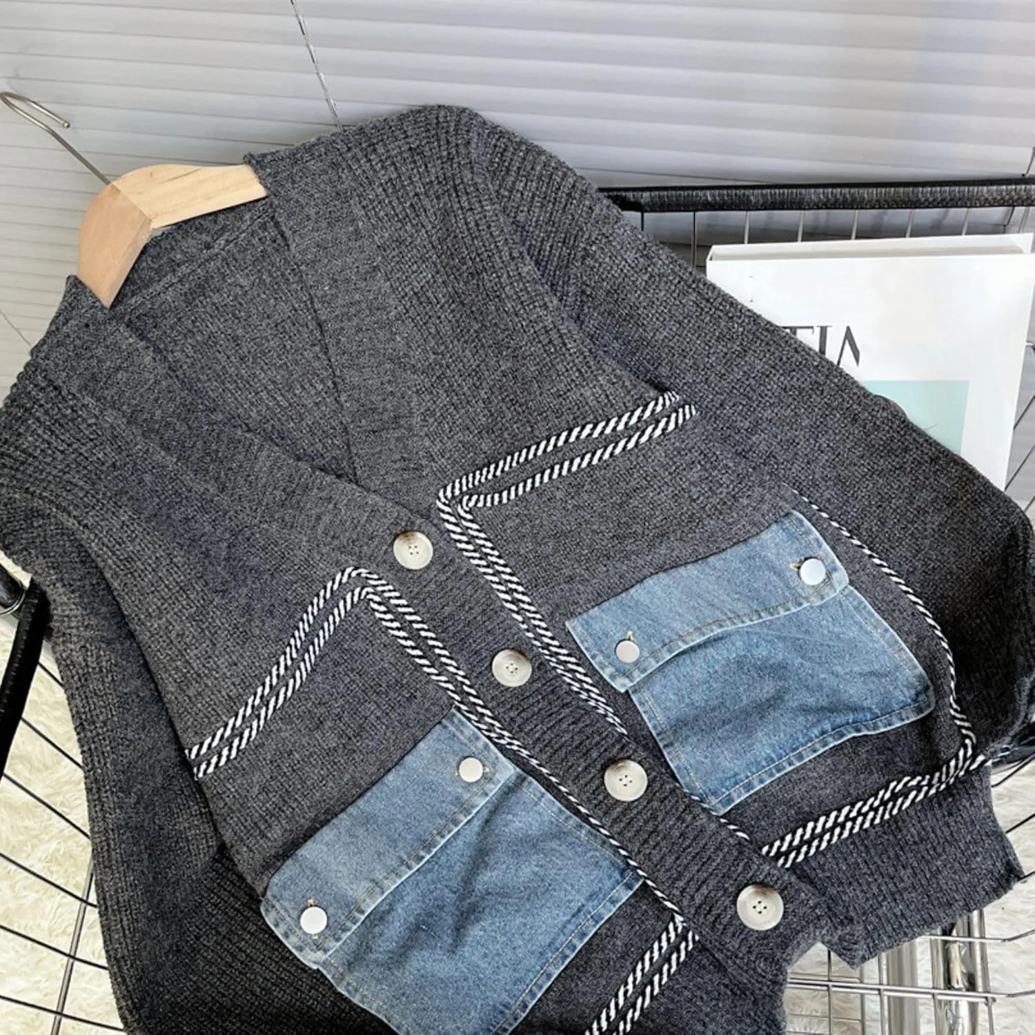 FindThy Womens Casual Button Up Cardigan Oversized Long Sleeve Jean Patchwork Sweater Cardigans
