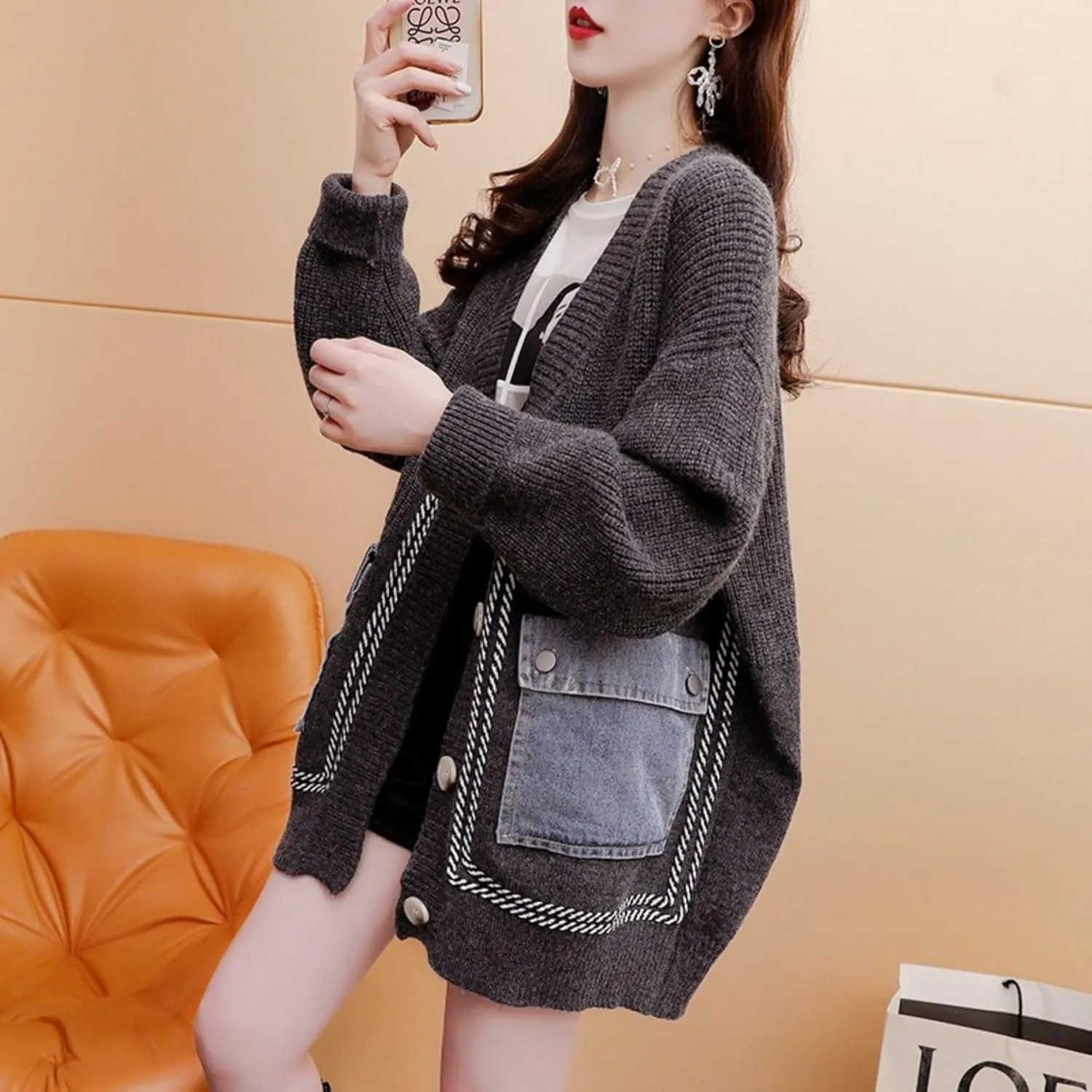 FindThy Womens Casual Button Up Cardigan Oversized Long Sleeve Jean Patchwork Sweater Cardigans