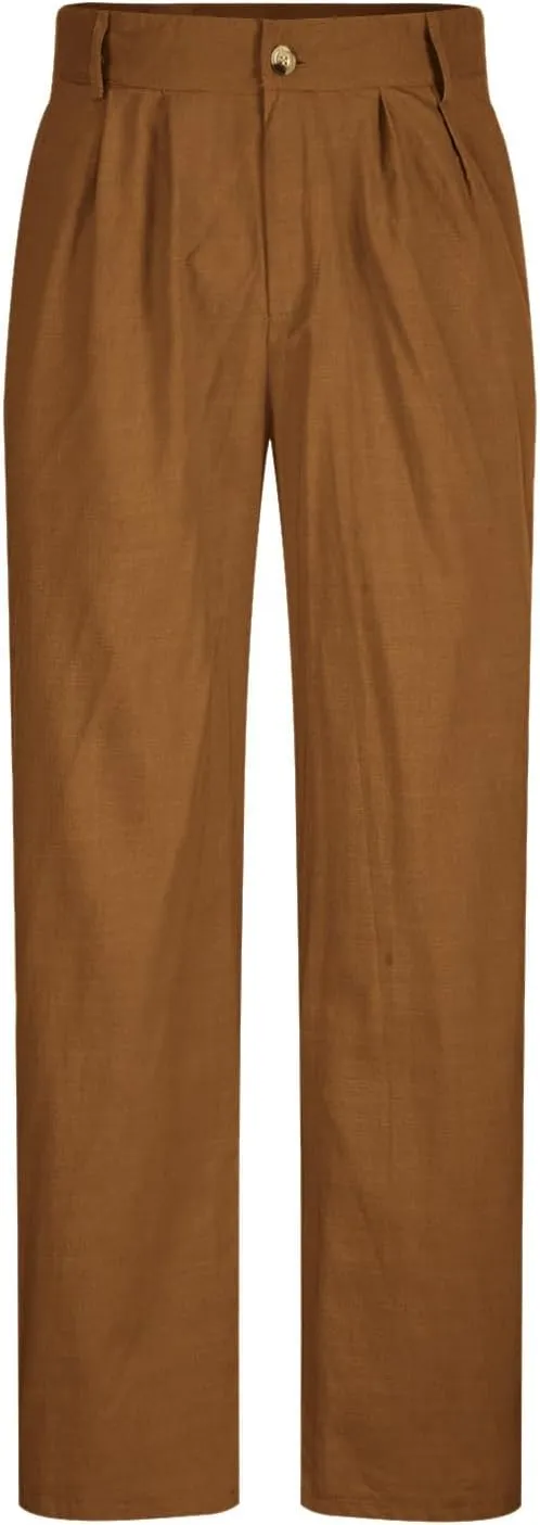 Finelylove Cotton Linen Pants Men Straight Leg Pleated Work Dress Pants Relaxed Fit Casual Leisure Chino Trousers