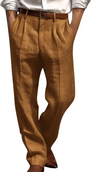 Finelylove Cotton Linen Pants Men Straight Leg Pleated Work Dress Pants Relaxed Fit Casual Leisure Chino Trousers