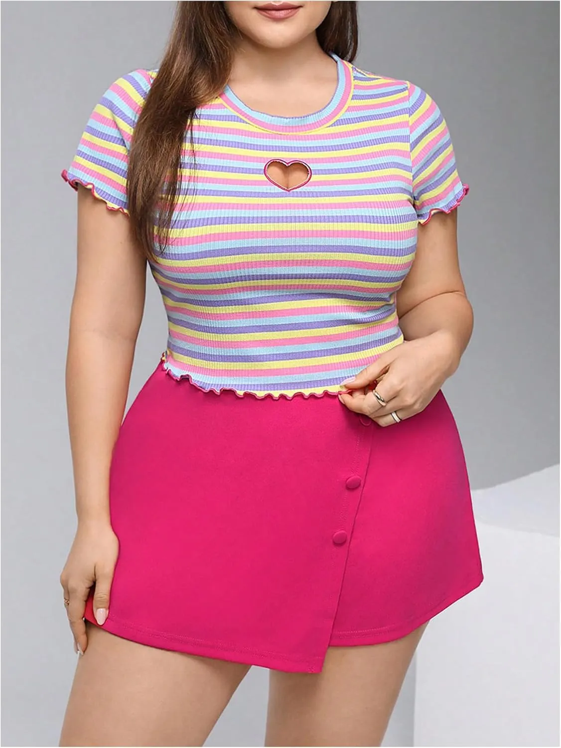 Floerns Women's Plus Size 2 Piece Outfits Striped Short Sleeve Tee with Asymmetrical Hem Mini Skort