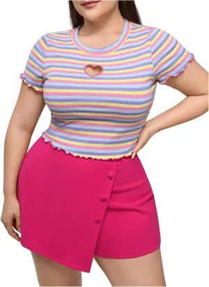 Floerns Women's Plus Size 2 Piece Outfits Striped Short Sleeve Tee with Asymmetrical Hem Mini Skort